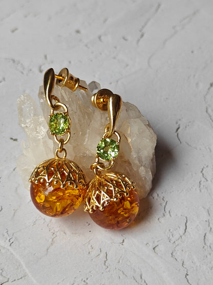 Round Cognac Stud Dangling Earrings in Gold Plated Silver and Peridote