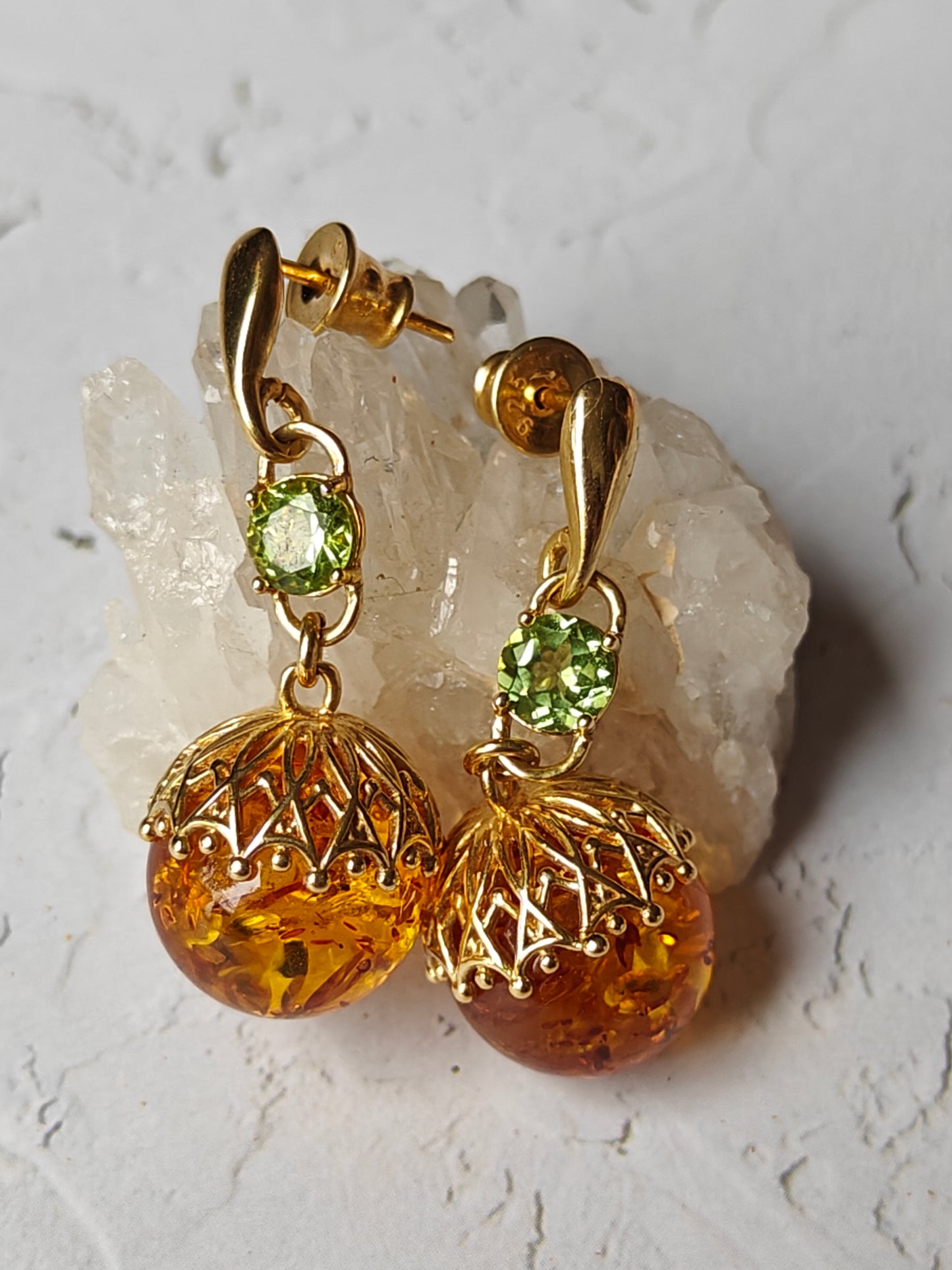 Round Cognac Stud Dangling Earrings in Gold Plated Silver and Peridote