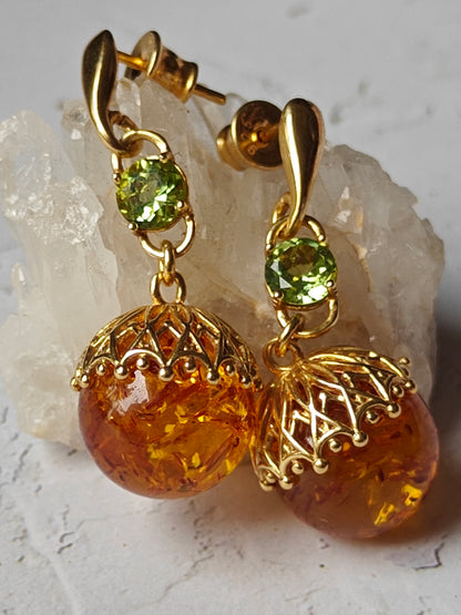 Round Cognac Stud Dangling Earrings in Gold Plated Silver and Peridote