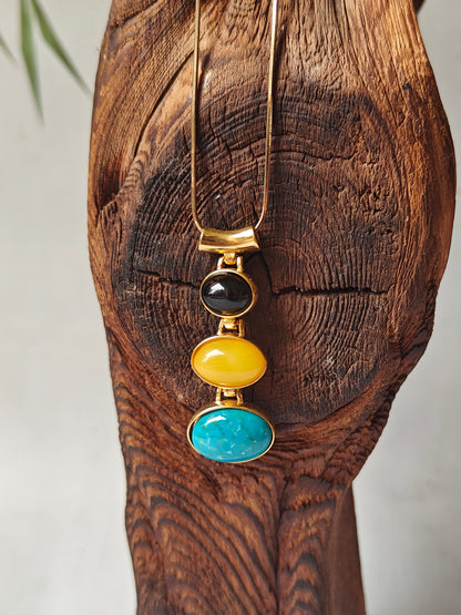 Butterscotch Amber, Cherry Amber and Iranian Turquoise Gold Plated Pendant with Chain