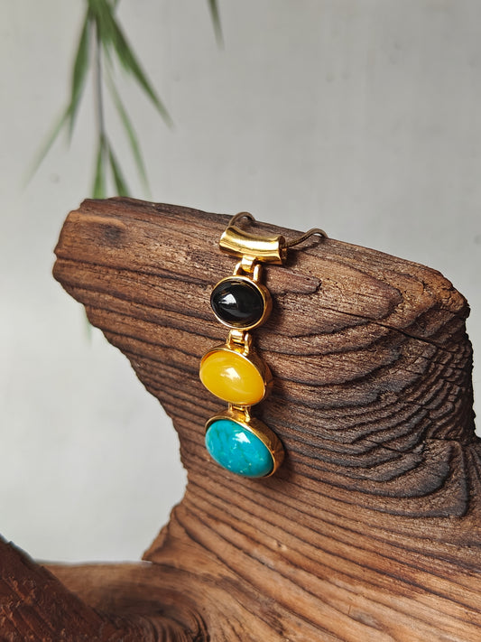 Butterscotch Amber, Cherry Amber and Iranian Turquoise Gold Plated Pendant with Chain