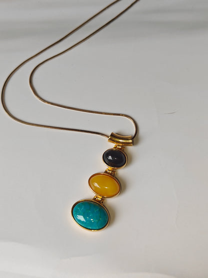 Butterscotch Amber, Cherry Amber and Iranian Turquoise Gold Plated Pendant with Chain