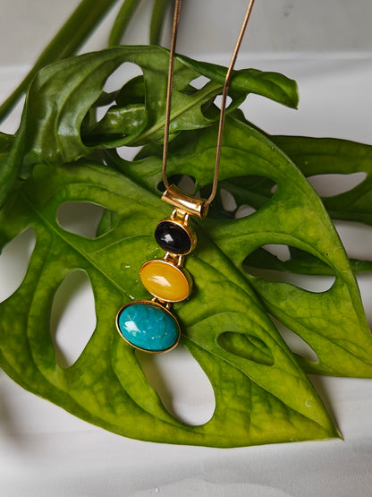 Butterscotch Amber, Cherry Amber and Iranian Turquoise Gold Plated Pendant with Chain