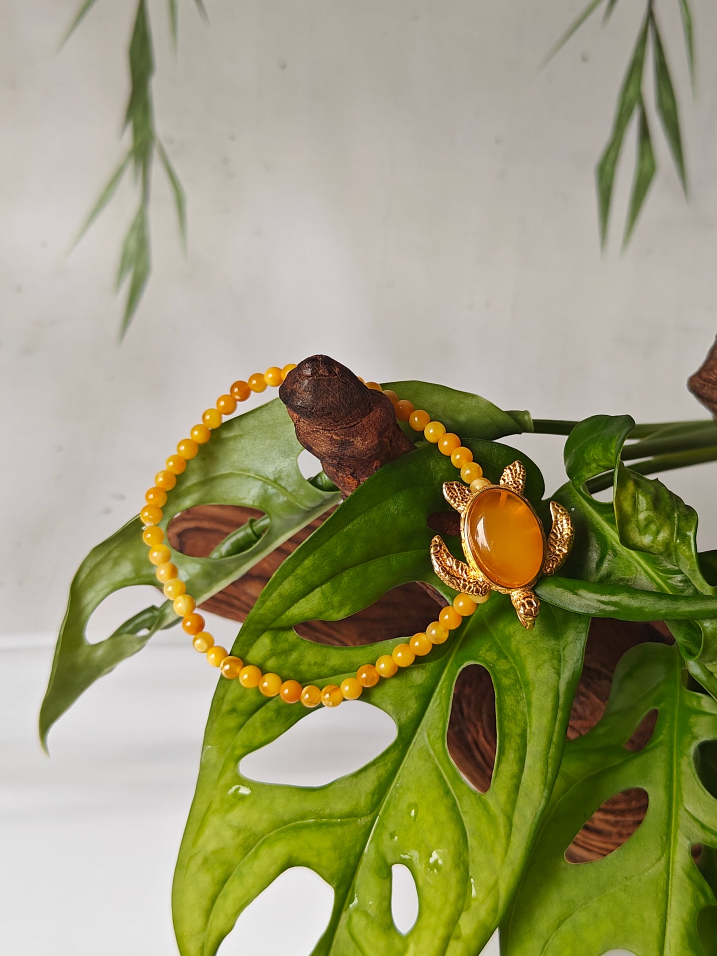 Micro Beaded Natural Amber Bracelet With Honey Gold Plated Silver Turtle