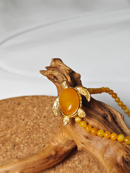 Micro Beaded Natural Amber Bracelet With Honey Gold Plated Silver Turtle