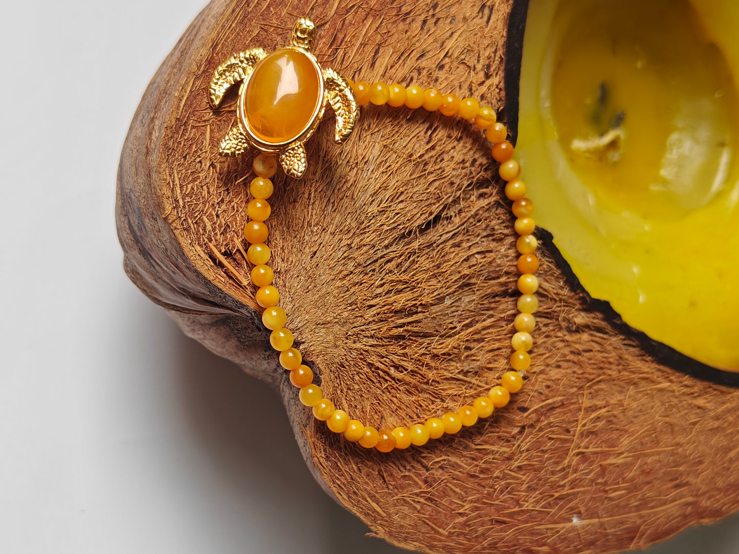 Micro Beaded Natural Amber Bracelet With Honey Gold Plated Silver Turtle