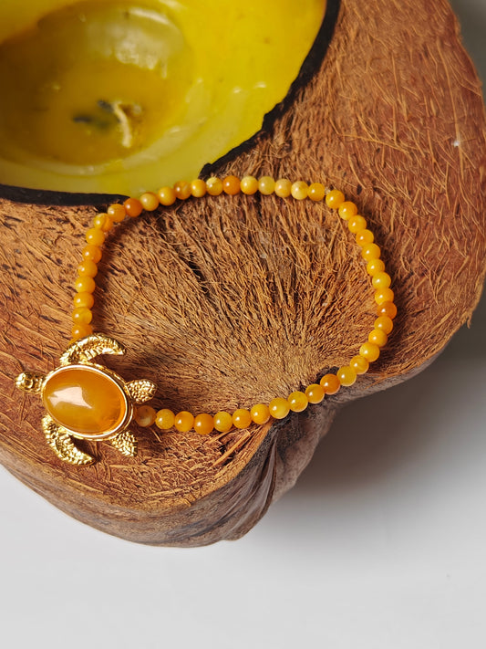 Micro Beaded Natural Amber Bracelet With Honey Gold Plated Silver Turtle