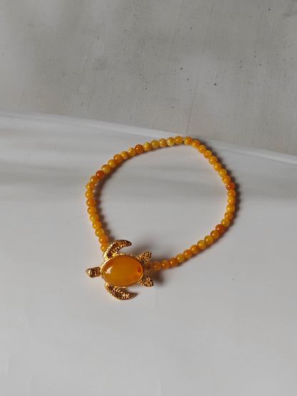 Micro Beaded Natural Amber Bracelet With Honey Gold Plated Silver Turtle