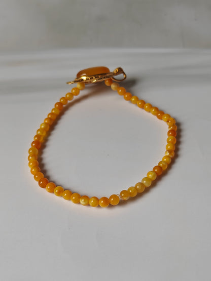 Micro Beaded Natural Amber Bracelet With Honey Gold Plated Silver Turtle