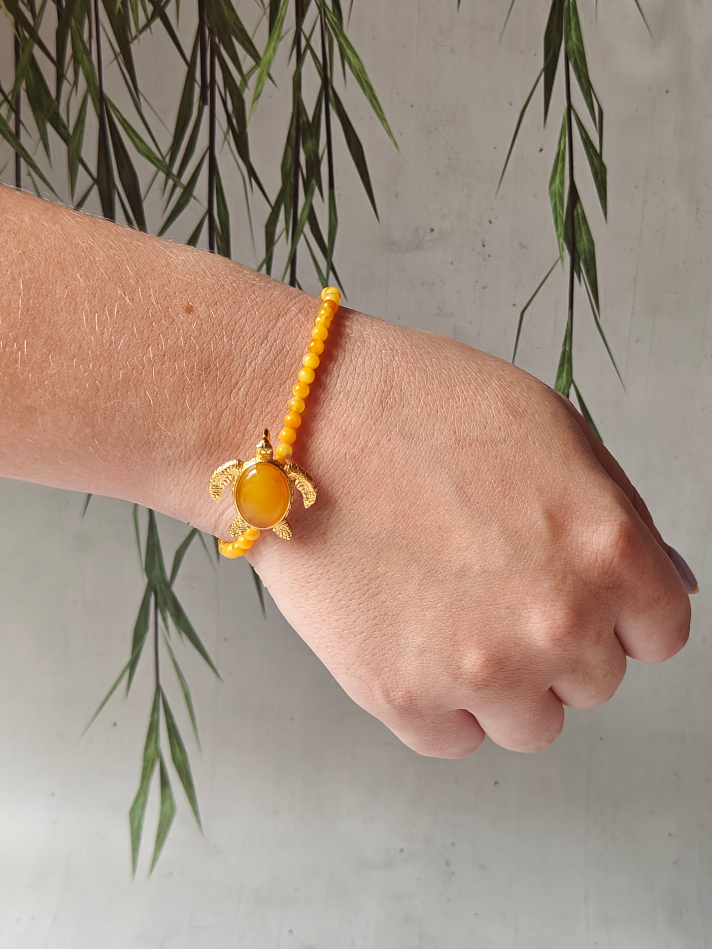 Micro Beaded Natural Amber Bracelet With Honey Gold Plated Silver Turtle