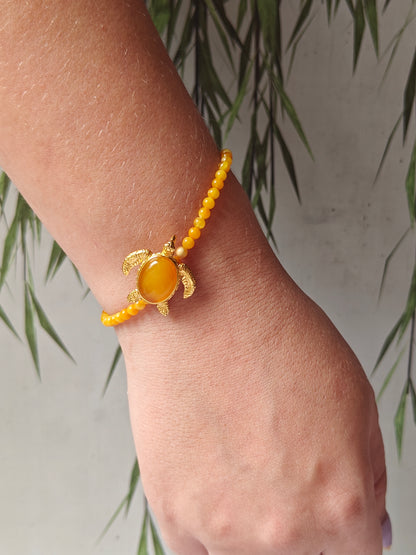 Micro Beaded Natural Amber Bracelet With Honey Gold Plated Silver Turtle