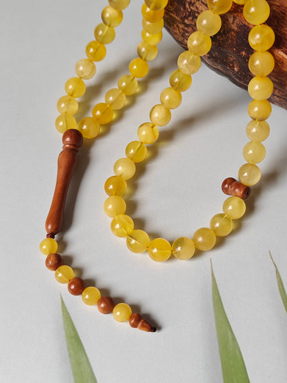 Natural Butterscotch Baltic Amber + Kokka Wood Prayer Beads / Misbaha 66 Beads