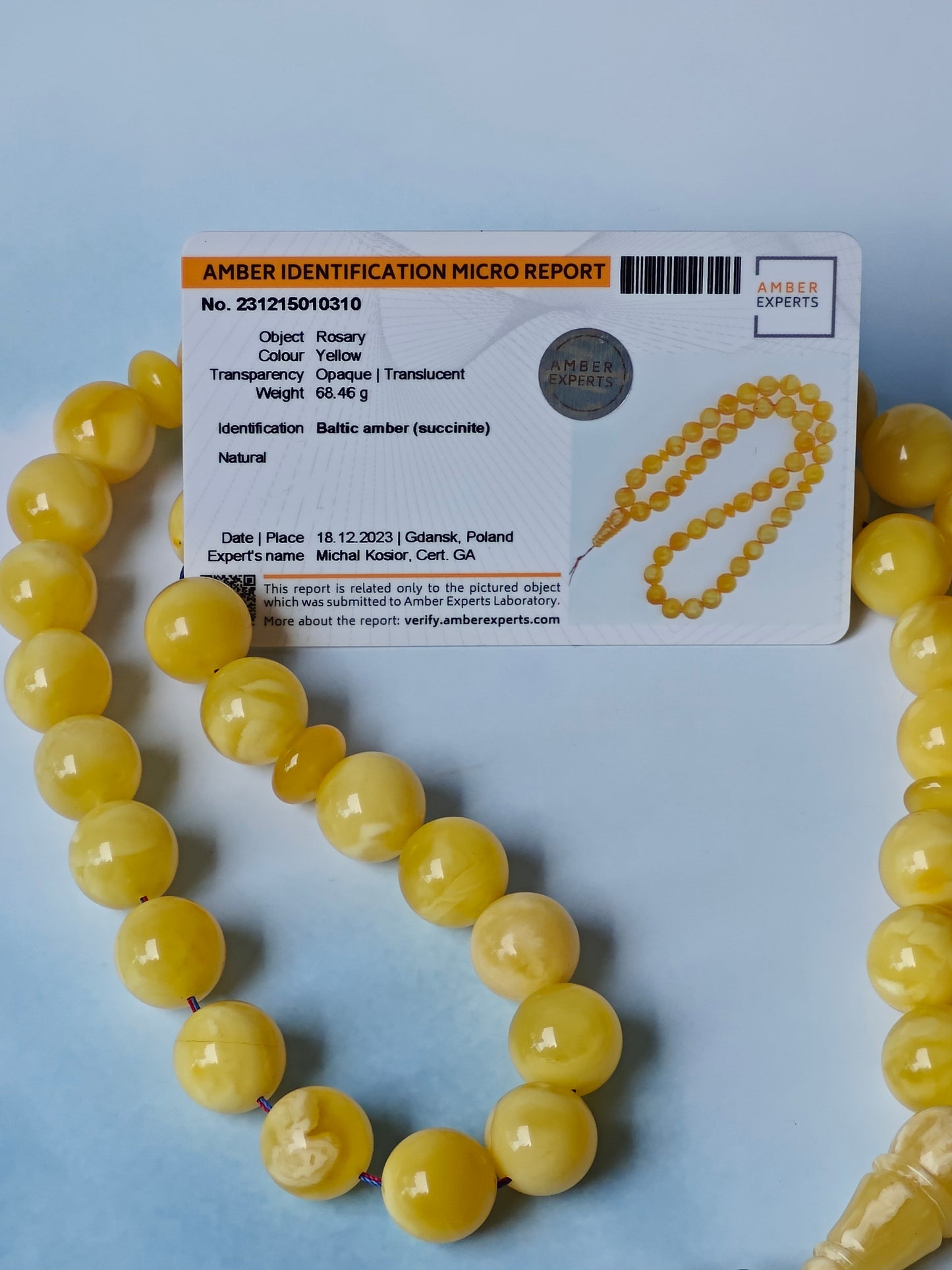 Natural Butterscotch Amber Rosary with Certificate 45 Beads 13.7 mm