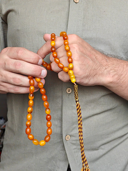 Natural Old German Olive Shaped Amber Rosary 65 Beads 41g