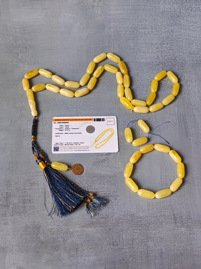 Natural Butterscotch Amber Rosary Barrel Shape With Certificate 31 Beads Set with Bracelet and Spare Beads