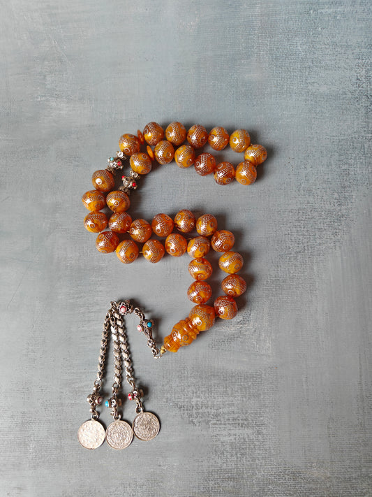 Syrian Bakelite Rosary With Silver Painting 33 Beads