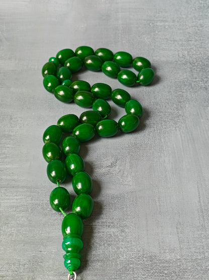 Huge Dark Bottle Green American Bakelite Rosary With Emeralds in Silver Fringe 33 Beads