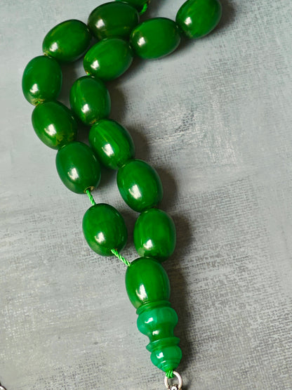 Huge Dark Bottle Green American Bakelite Rosary With Emeralds in Silver Fringe 33 Beads