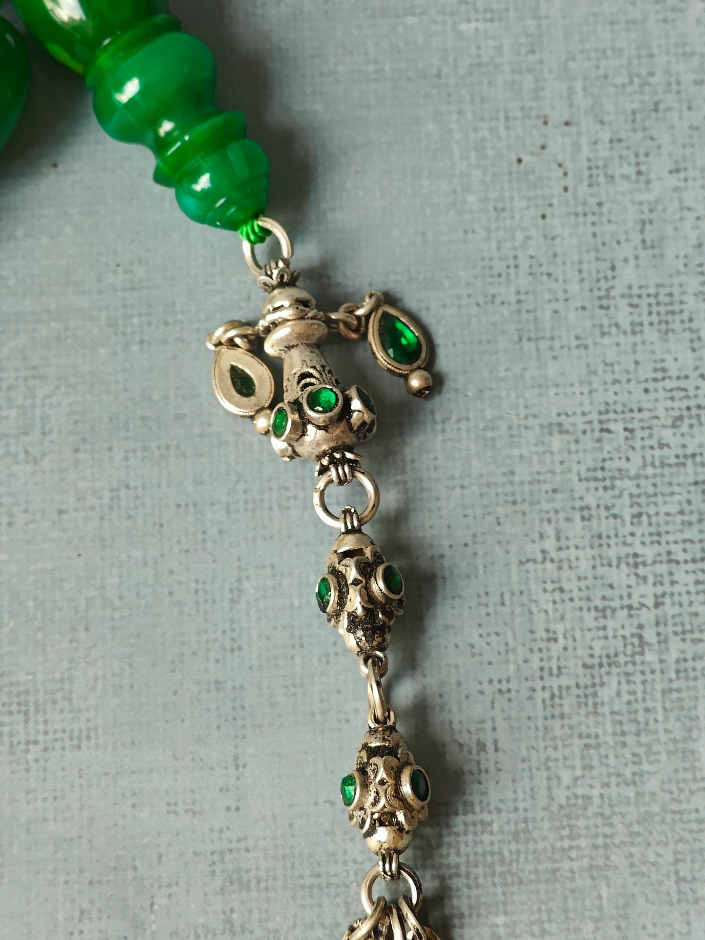 Huge Dark Bottle Green American Bakelite Rosary With Emeralds in Silver Fringe 33 Beads