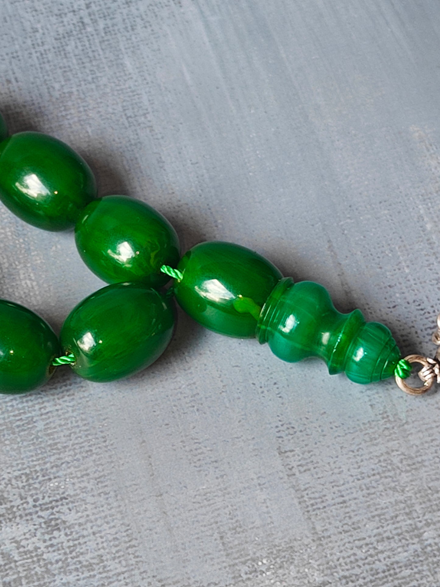 Huge Dark Bottle Green American Bakelite Rosary With Emeralds in Silver Fringe 33 Beads