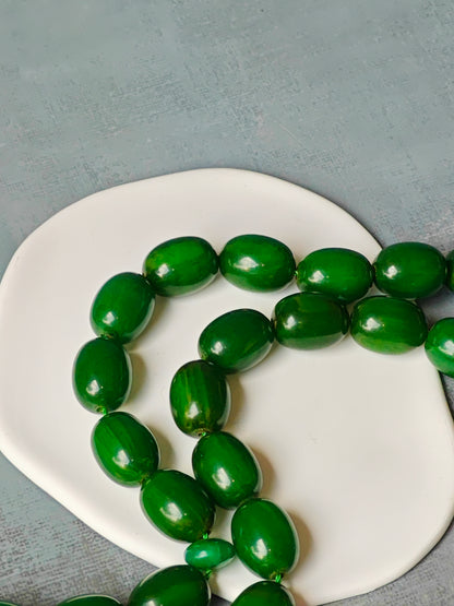 Huge Dark Bottle Green American Bakelite Rosary With Emeralds in Silver Fringe 33 Beads