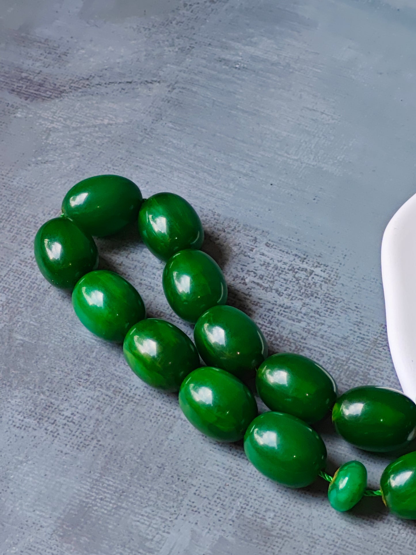 Huge Dark Bottle Green American Bakelite Rosary With Emeralds in Silver Fringe 33 Beads