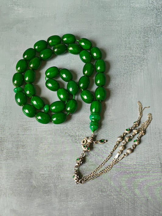 Huge Dark Bottle Green American Bakelite Rosary With Emeralds in Silver Fringe 33 Beads