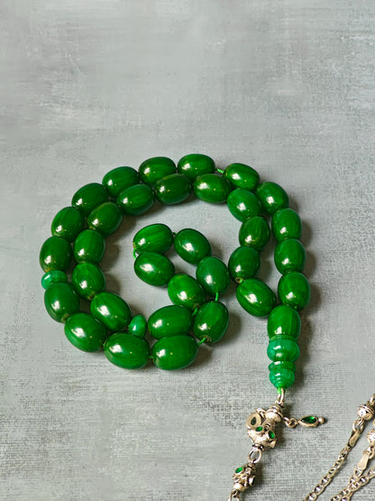 Huge Dark Bottle Green American Bakelite Rosary With Emeralds in Silver Fringe 33 Beads