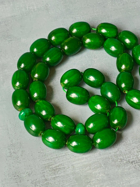 Huge Dark Bottle Green American Bakelite Rosary With Emeralds in Silver Fringe 33 Beads