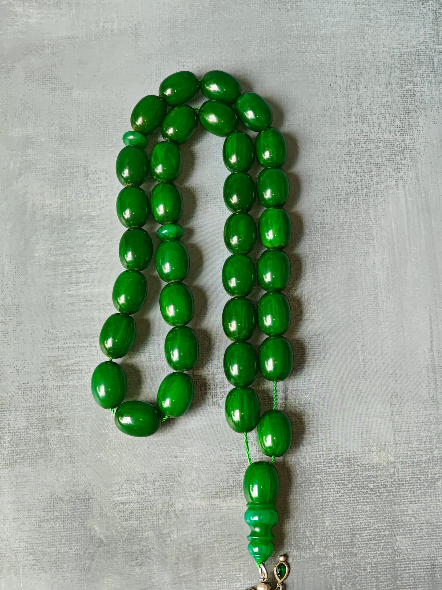 Huge Dark Bottle Green American Bakelite Rosary With Emeralds in Silver Fringe 33 Beads