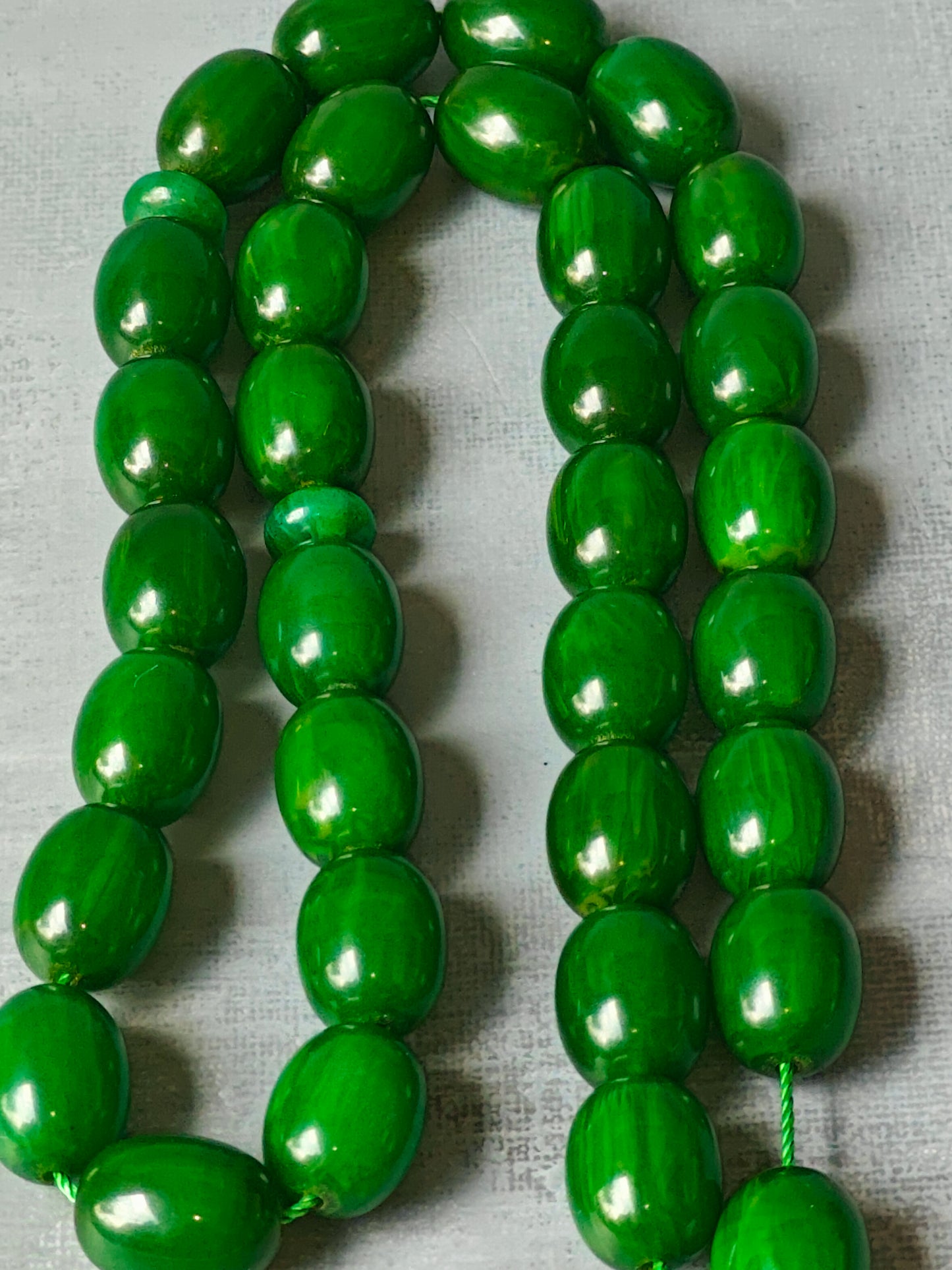 Huge Dark Bottle Green American Bakelite Rosary With Emeralds in Silver Fringe 33 Beads