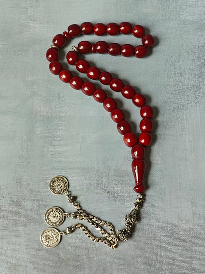 Maroon Barrel Shaped Bakelite Rosary from Syria 33 Beads