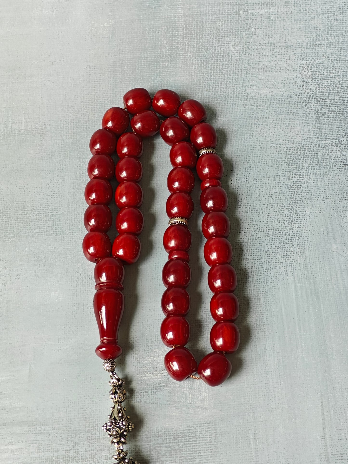 Maroon Barrel Shaped Bakelite Rosary from Syria 33 Beads