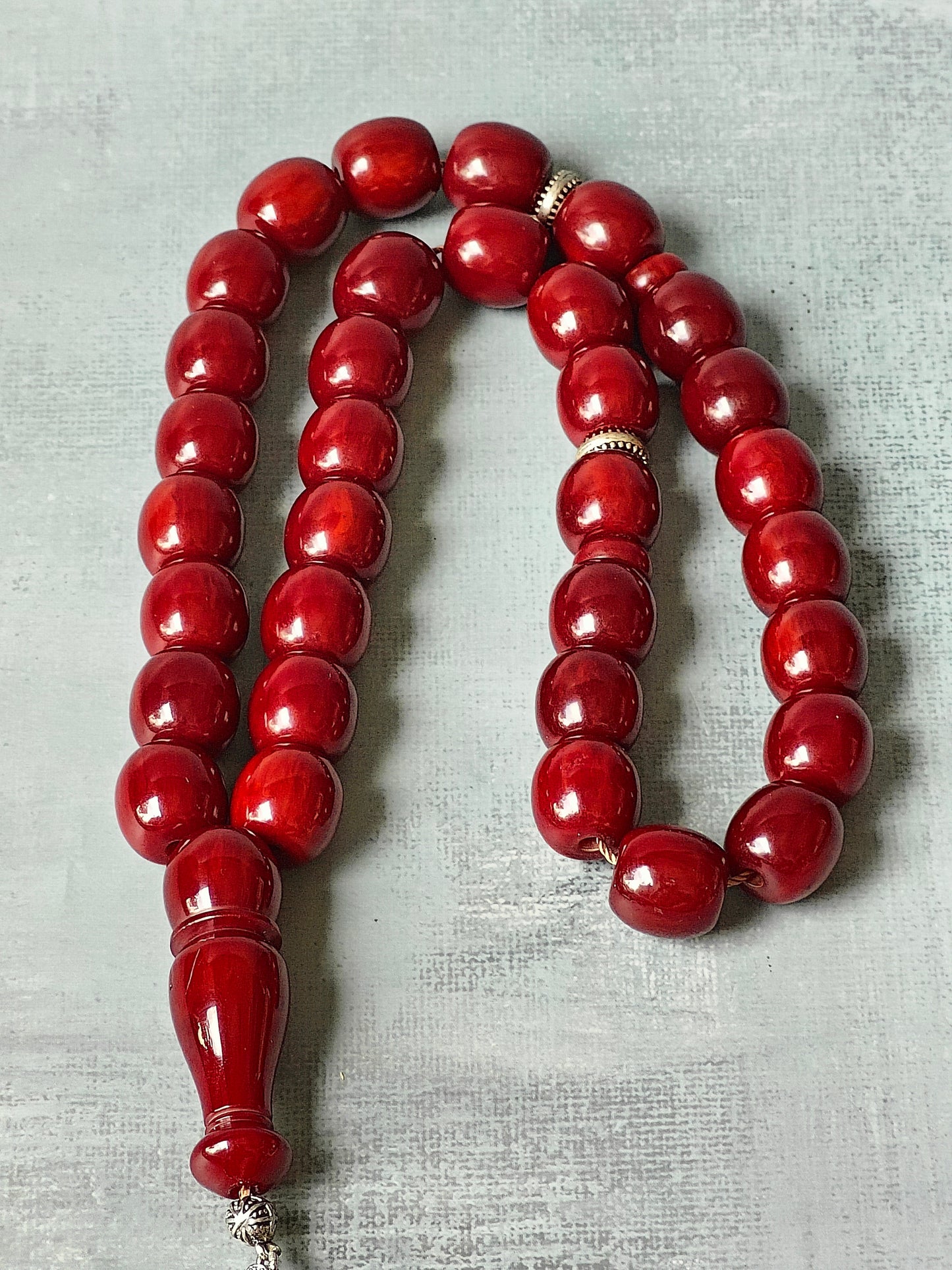 Maroon Barrel Shaped Bakelite Rosary from Syria 33 Beads