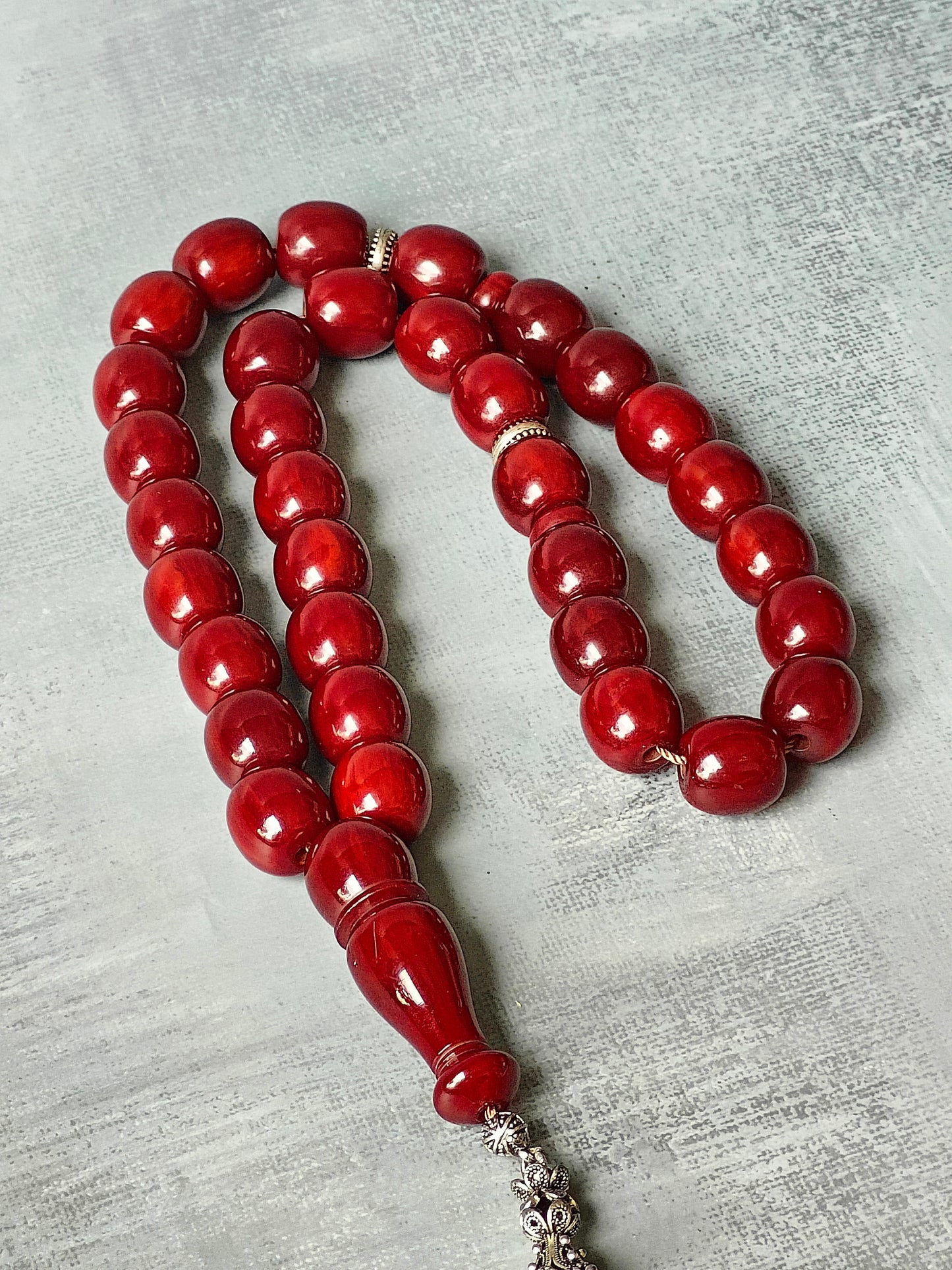 Maroon Barrel Shaped Bakelite Rosary from Syria 33 Beads