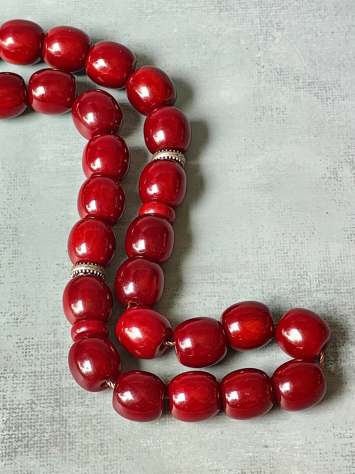 Maroon Barrel Shaped Bakelite Rosary from Syria 33 Beads