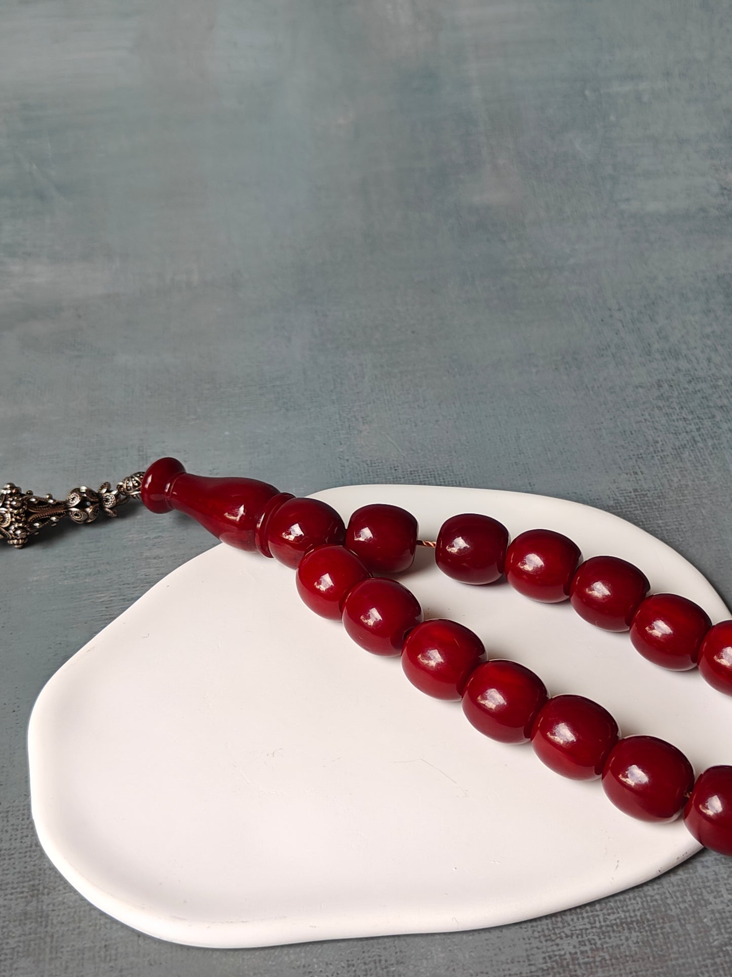 Maroon Barrel Shaped Bakelite Rosary from Syria 33 Beads