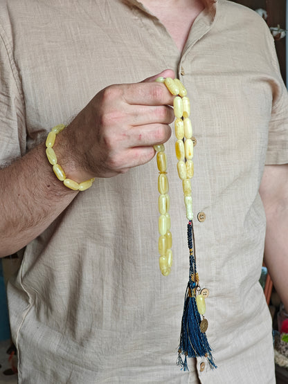 Natural Butterscotch Amber Rosary Barrel Shape With Certificate 31 Beads Set with Bracelet and Spare Beads