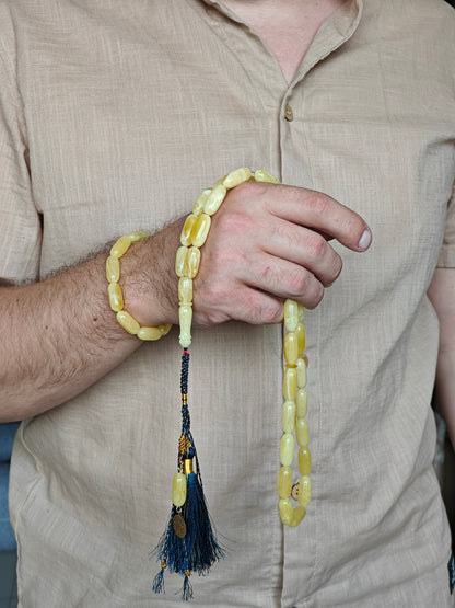 Natural Butterscotch Amber Rosary Barrel Shape With Certificate 31 Beads Set with Bracelet and Spare Beads