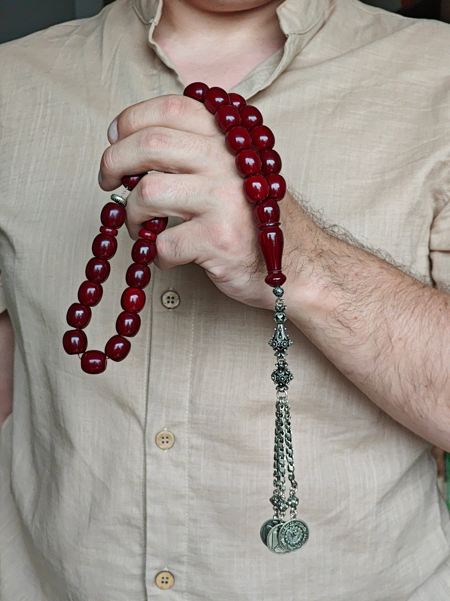 Maroon Barrel Shaped Bakelite Rosary from Syria 33 Beads