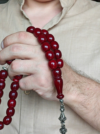 Maroon Barrel Shaped Bakelite Rosary from Syria 33 Beads