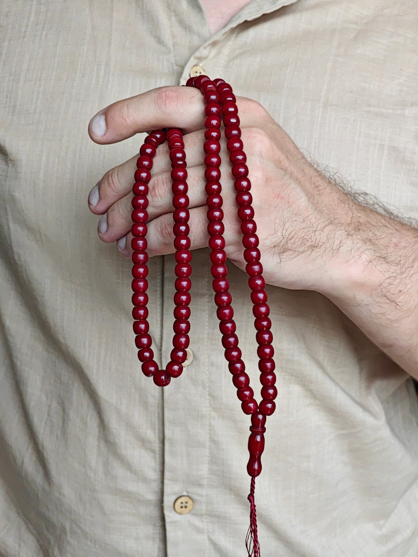 Antique Afghani Bakelite Maroon Rosary 99 Beads Irregular