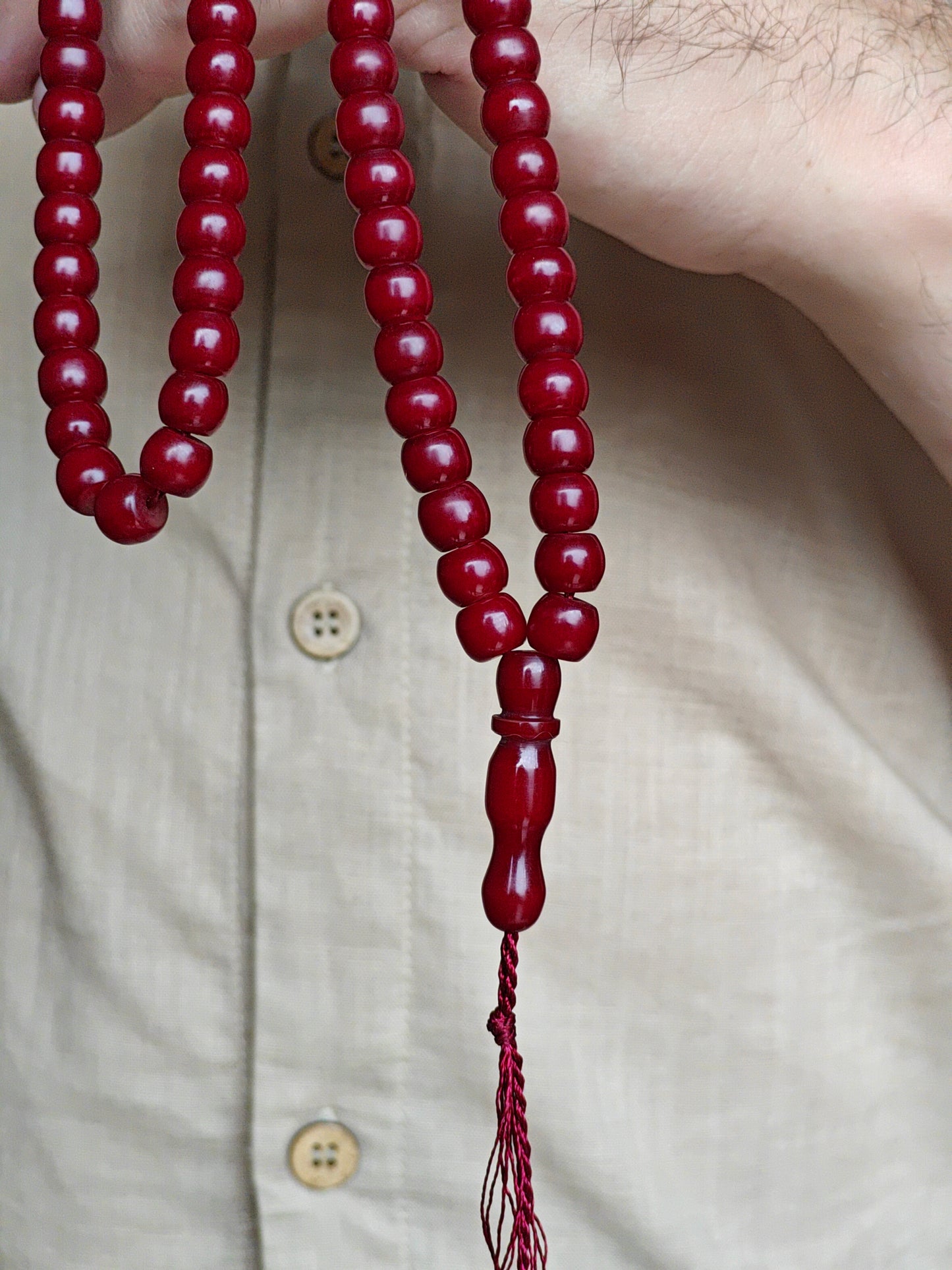 Antique Afghani Bakelite Maroon Rosary 99 Beads Irregular