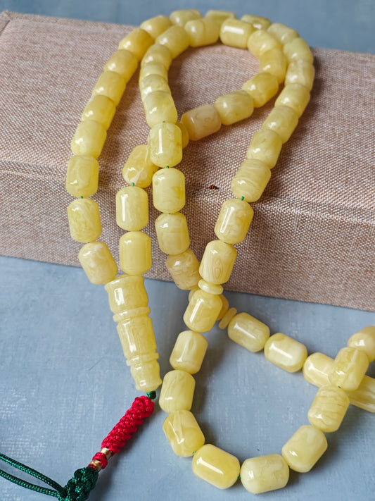 Barrel Shape Natural Milk with Tiger Beads Amber Rosary 63 beads