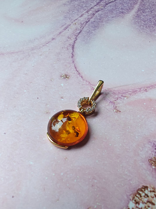 Round Cognac Amber Pendant with Cubic Zirconias | 14k Gold