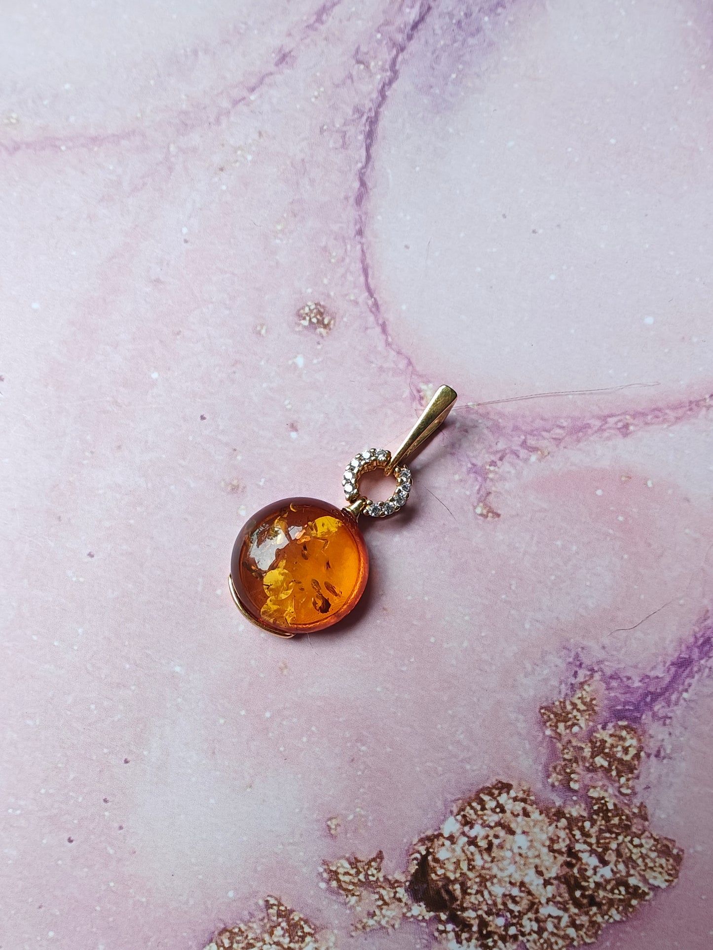 Round Cognac Amber Pendant with Cubic Zirconias | 14k Gold