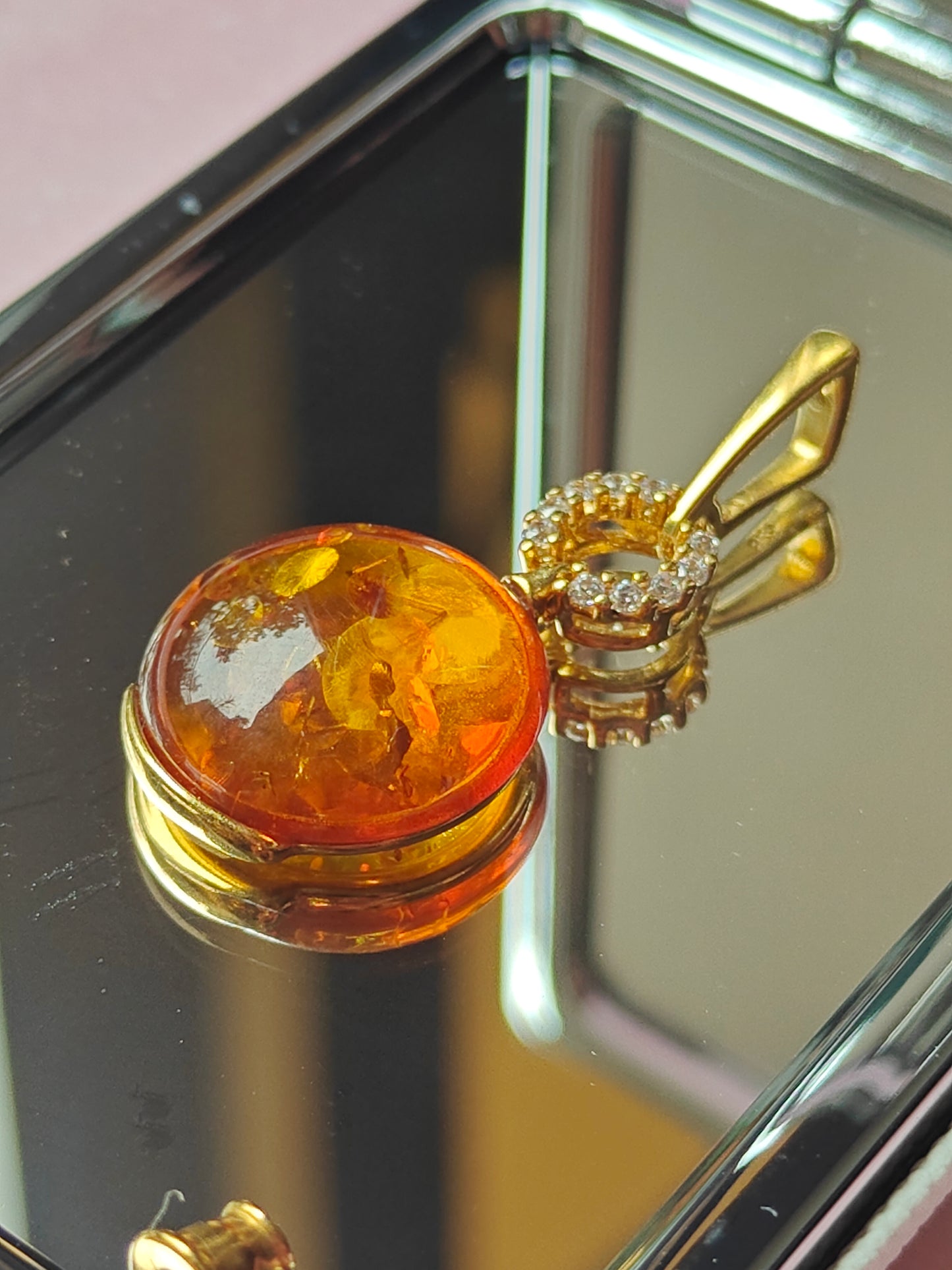 Round Cognac Amber Pendant with Cubic Zirconias | 14k Gold