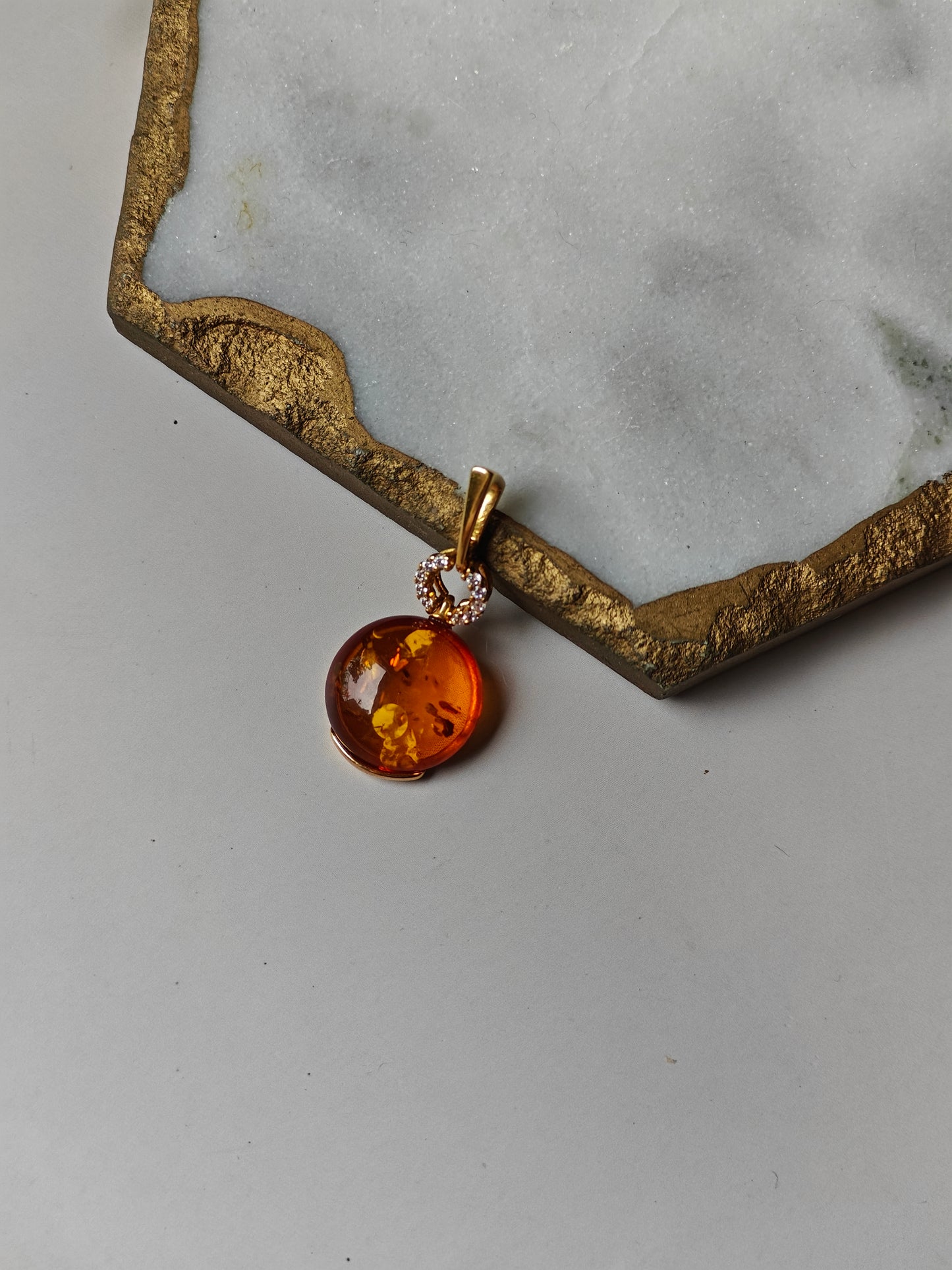 Round Cognac Amber Pendant with Cubic Zirconias | 14k Gold