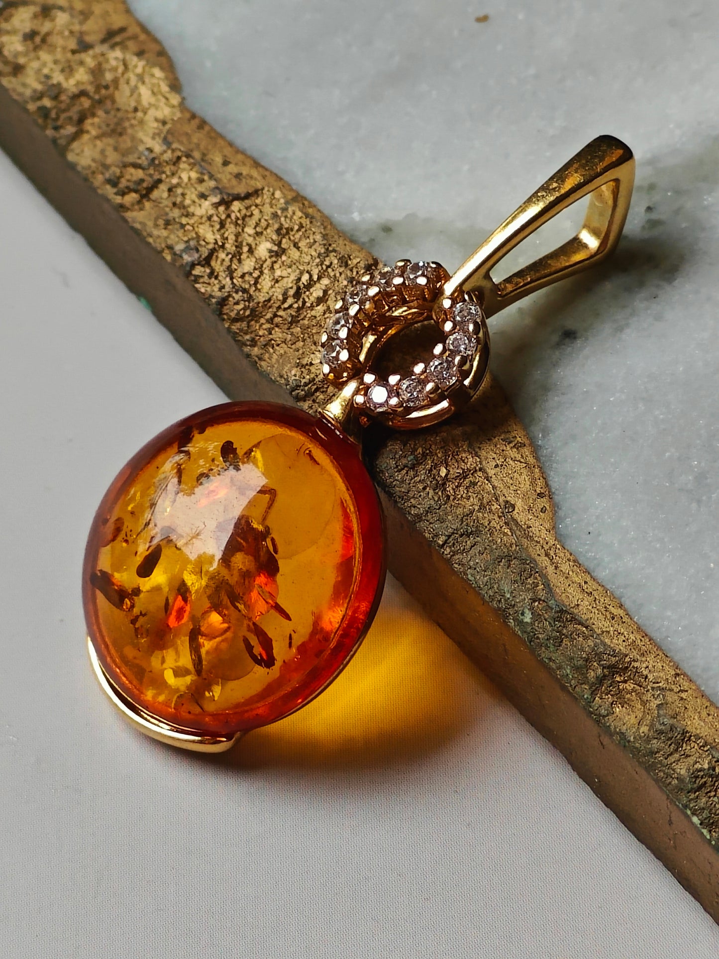 Round Cognac Amber Pendant with Cubic Zirconias | 14k Gold