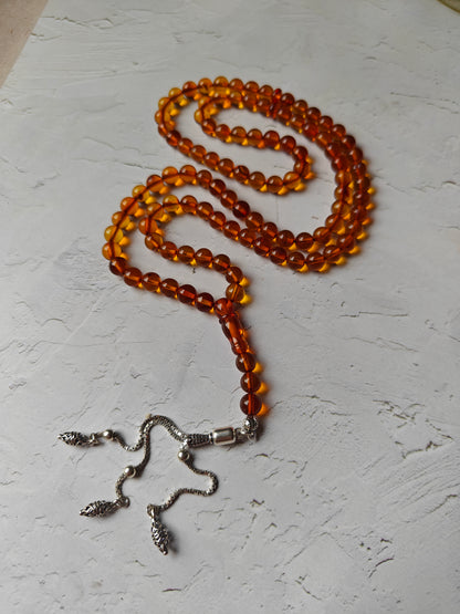 Cognac Raw Amber Piece and Rosary with Silver Tassel | 90,5g